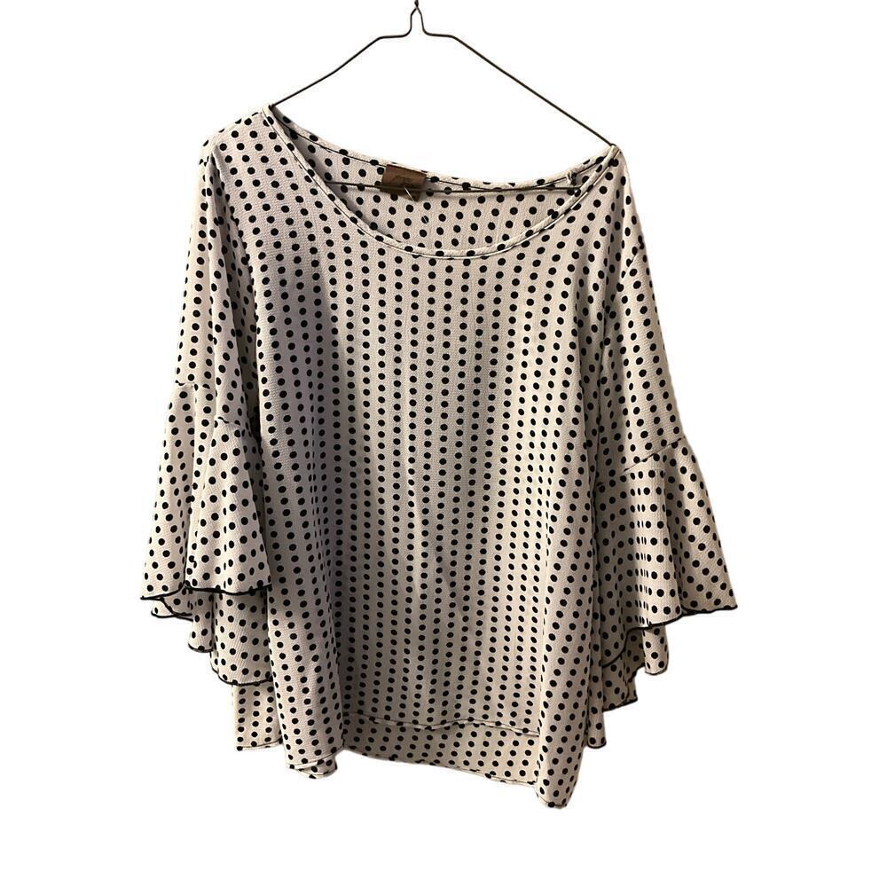 Forever Grace Blouse Top Women's Medium White Black‎ Polka Dot Polyester Stretch